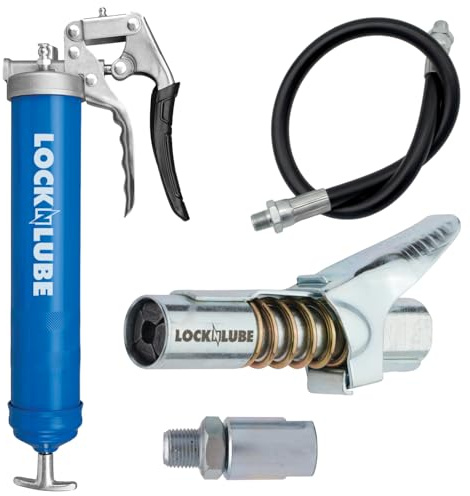 LockNLube Robuste Fettpresse mit Pistolengriff, Blau Inklusive unserer patentierten LockNLube®-Fettkupplung (verriegelt, bleibt an, läuft nicht aus). Inklusive hochwertigem 50,8 cm Schlauch und