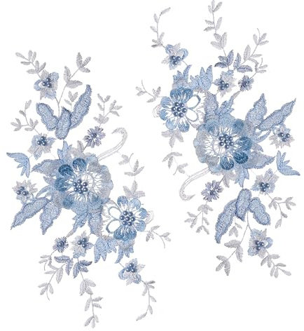 letsinstyle 2 PCS 3D Bestickte Perlen Blumenstoff Spitzenapplikation Perlen Aufnäher Blaue Applikationen Verzierungen Blumenaufnäher Für Hochzeitskleid Kleidung DIY Basteln