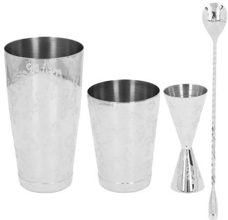 Boston Cocktail Shaker Set, multifonctionnel 304 en acier inoxydable, imprimé vintage, capacité moyenne, et entretenir, ensemble de crépine de cocktail inclus (A)