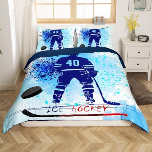 Homemissing Eishockey Bettwäsche Set 135x200cm für Kinder Jungs Teens Winter Eissport Spiele Bettbezug Hockey Spieler Bettwäsche-Set