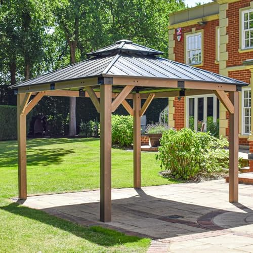 BPS® Grand Gartenpavillon aus Holz | Pavillon mit festem Dach | 2-stufiges Stahldach | Zedernholzrahmen | Terrassenüberdachung | Braun & Schwarz (3 m x 3 m)