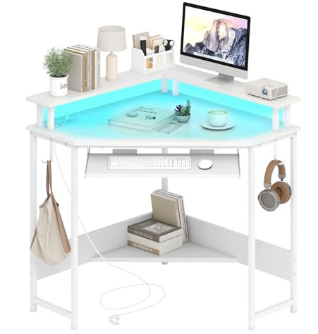 LIFEZEAL Bureau d'angle avec lumières LED, Bureau de Gaming d'angle avec télécommande, Support pour écran et Clavier, Table de Bureau avec Prises et Ports USB et Type C (Blanc)