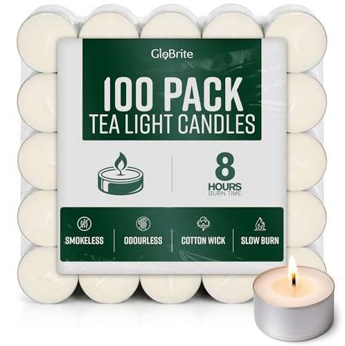 GloBrite Unscented Tea Lights – 8-Hour Long Burning Candles with Aluminum Cups for Home, Events & Decor (Pack of 100)
