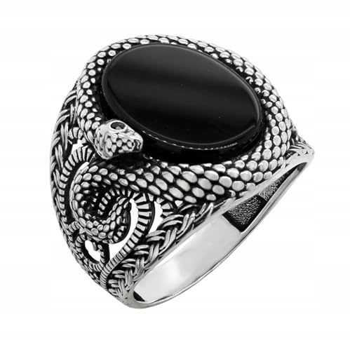 Ulex Premium 925 Sterling Silber Ringe Herren Siegelring Schlange Mit Onyx Oxidiert Poliert Eleganter Männerring Handgefertigt Schmuck Größe 58