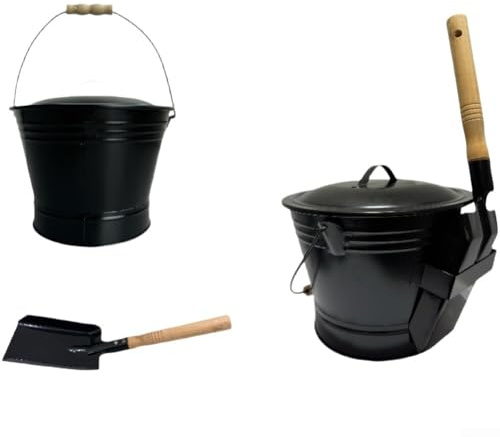 Allthingstore Ascheeimer mit Deckel, feuerfest, verzinkt, Eisen, Holzkohlebehälter mit Schaufel, für Innen- und Außenbereich, Kamin, Holzofen, Grill und Feuerschalenreinigung