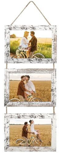 Gykutix Bilderrahmen Collage Set 13x18 cm, Rustikale Dreifach Aufhängung für 3 Fotos, Wanddekoration aus Holz, Bilderrahmen Vintage Weiß Optik, für Postkarten und Erinnerungsfotos im Hochformat