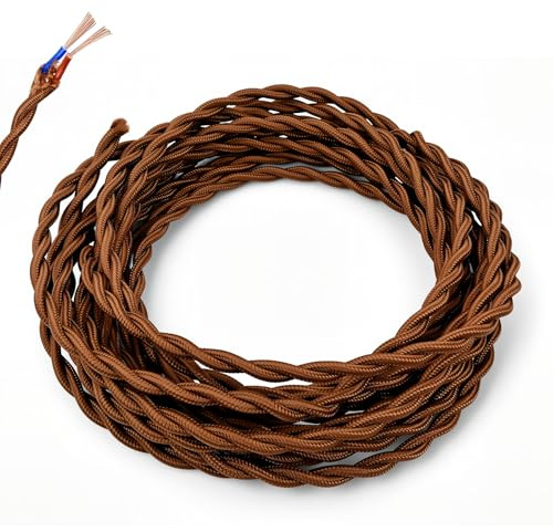 5m light brown Vintage Twisted Fabric Cable, 2 Core 0.75mm² Pure Copper Braided Lighting Flex, VDE Certified Double Insulated Electrical Wire for Pendant Lamp, Retro Chandelier & DIY Industrial Lights
