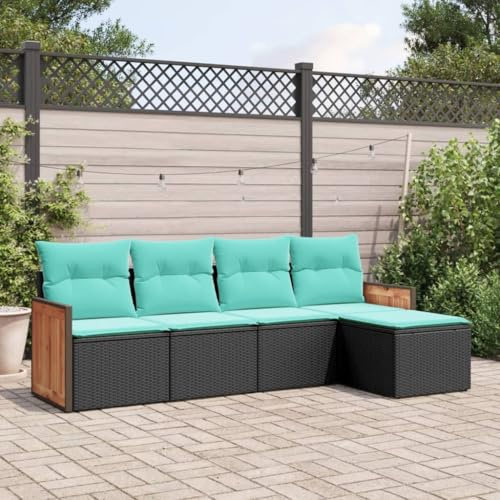 Hoopleep 5-teiliges Gartensofa-Set, schwarzes Polyrattan mit blauen Kissen, modular, wetterfest, für Terrasse und Outdoor-Bereich