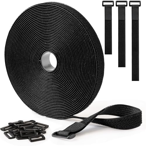 10mx2cm Adjustable Cable Strap with 50 Buckles, Fastening Cable Ties, Black | Hook&Loop, Cut-to-Length, Sewable, Strong Self-Adhesion, Tear-Resistant Nylon, for Cable Tidy/Tool Boxes/Outdoor Gear Storage