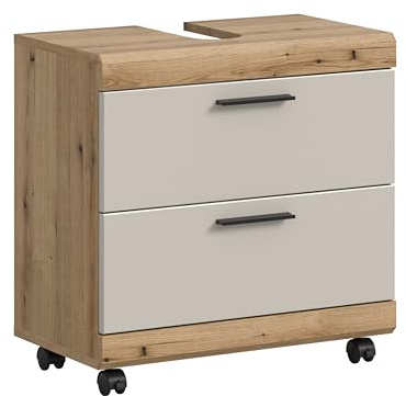 xonox.home – Waschbeckenunterschrank Scout 60x60x34 cm auf Rollen in Evoke Oak und Kaschmir – Mobiler Badezimmerschrank – Flexibler Unterschrank für zusätzlichen Stauraum & Ordnung im Badezimmer