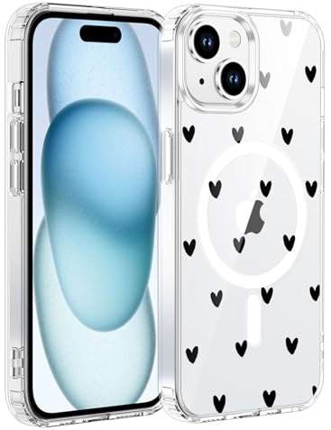 Herz Muster Hülle für iPhone 15 Kompatibel mit MagSafe Magnetisch, Klar | Tansparent Handyhülle mit Motiv Herz Schlanke Hart Case Kratzfeste PC Rückseite + Weiche TPU Bumper Stoßfest Schutzhülle