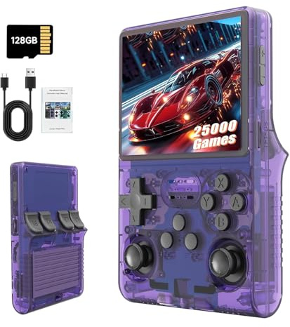 Consola de juegos retro portátil R36S, morada, pantalla HD de 3.5 pulgadas, más de 25,000 juegos clásicos, tarjeta TF de 128G, Linux de código abierto, para adolescentes y adultos