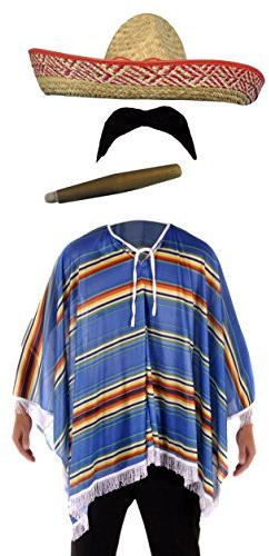 H Mexican Fancy Dress set - Poncho + Sombrero + Cigar + Moustache