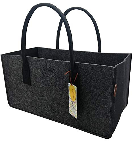 RAIKOU KULT Filz-Tasche Shopper NEU Filzkorb Einkaufstasche Henkeltasche Zeitungskorb Stabile Kaminholztasche Zeitungsständer auch für Spielzeug Garten Picknick Strand (Anthrazit/Schwarz,50x25x25cm)