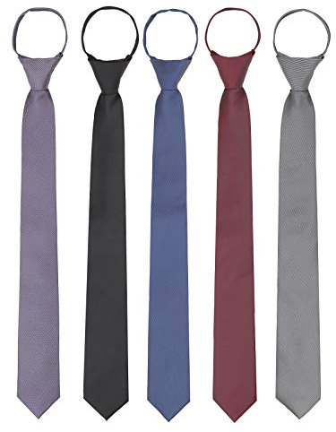 5 × Homme Zipper Cravate 6cm Étroite Pré-liée Sécurité Cravate Casual Business Longueur 48cm - Violet & Noir & Marine Bleu & Bordeaux & Gris
