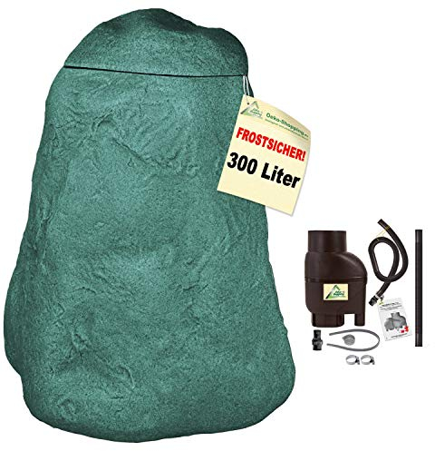 Regentonne, Regentonnen, Regenspeicher, Regenbehälter, Fels 300l Natur-grün mit Befüll- und Entnahme-Set braun, FROSTSICHERES Regenfass Wassertonne mit Deckel und Wasserhahn DAS ORIGINAL! (7-RT05106)