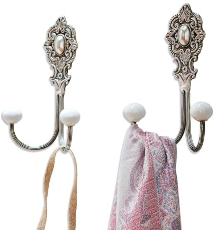 Loberon Haken 2er Set Millar, antiksilber | wunderschöne Ornamente, edel & elegant, authentische Antik-Finish, Garderobe, Organisation, Messing, Keramik