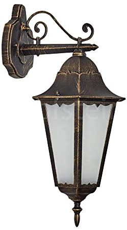 Außenwandleuchte Hongkong FROST, Wandlampe abwärts in antikem Look, Aluguß Braun/Gold, Milchglas-Scheiben, Wandleuchte m. E27-Fassung, Retro/Vintage Außenleuchte für Terrasse u. Hof, ohne Leuchtmittel