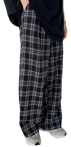 ORANDESIGNE Pantalon Large Femme à Carreaux Noir Blanc Taille Haute Ample Tout Droit Pantalon Décontracté A Noir M