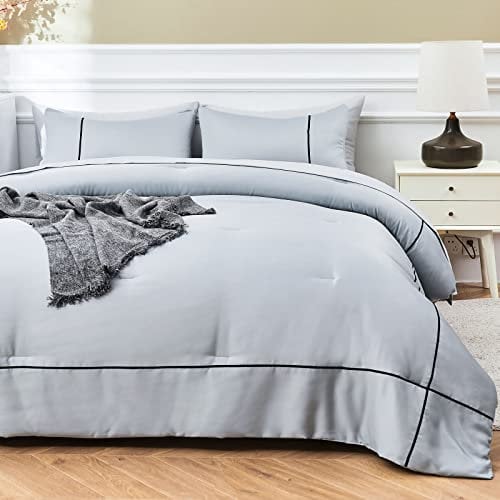 AIKASY Luxuriöses Bettwäsche-Set für King-Size-Bett, mit Stickerei, 7-teilig, wendbar, weich, leicht, eleganter Komfort – seidig-weiches Bettwäscheset (King-Size-Bett, Silbergrau)