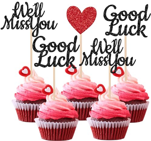 24 Pack We Will Miss You Cupcake Toppers Glitter Red Love Heart Good Luck Cupcake Picks Retirement Theme Going Away Party Cake Decorations