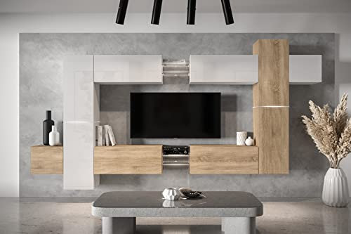 Furnitech Wohnwand Wohnzimmer - Wohnzimmer Möbel mit LED Blau - Hängend Wohnwand Modern - Wohnzimmer Schrankwand mit Regale und TV Schrank (AN91NEW-21WS-HGM21)