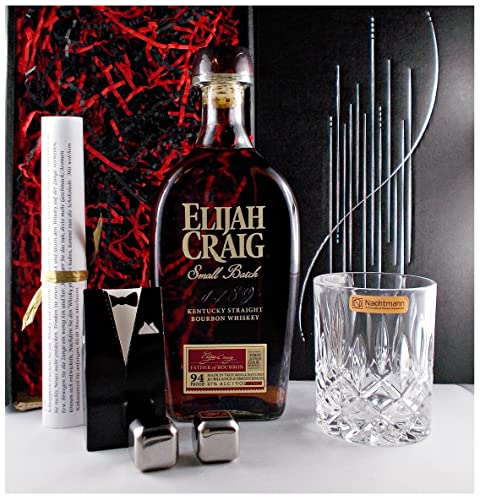 Geschenk Elijah Craig Small Batch Bourbon Whiskey + 2 Whisky Kühlsteine + 1 Nachtmann Whiskey Glas