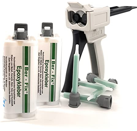 Ber-Fix 5 Min Epoxidharz Kleber EXPRESS 2x 50g Kartusche + Pistole + 10 Spitzen 2k Kleber echter Epoxy Kleber 2 Komponenten Kleber Kunststoff Metall Glas Stein Beton Holz