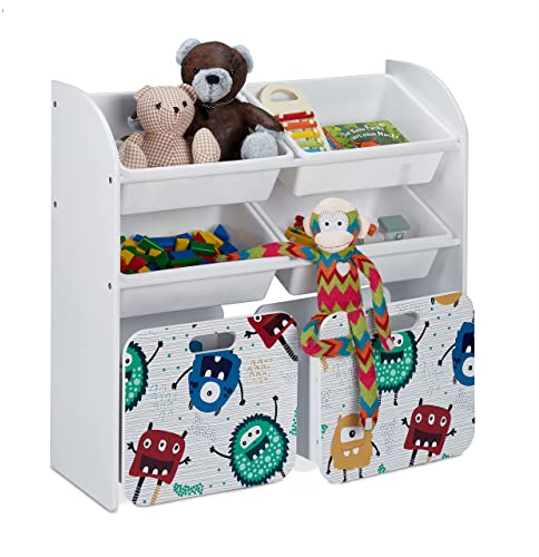 Relaxdays Kinderregal mit 6 Boxen, Monster-Design, 2 Kisten mit Rollen, HBT: 80,5x82,5x30 cm, Regal für Spielzeug, weiß, 10037512_0