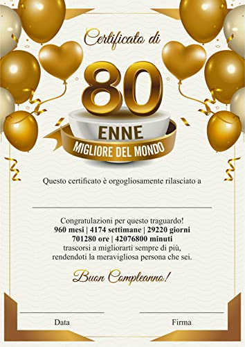 GHIBLI Certificato miglior 80 ENNE del mondo - Attestato Diploma idea regalo originale 80 anni di compleanno - Biglietto auguri compleanno 80 anni uomo donna