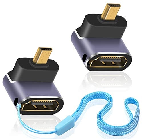 Duttek 8K 90 Degree Micro HDMI to HDMI Adapter, Down Angle HDMI Female to Micro HDMI Male Adapter, Micro HDMI Adapter, with LED Light and Perforated Design for Cameras Camcorder DC (2 Pack)