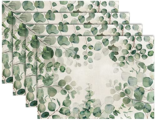 Eukalyptus Platzsets 4er Set Tischsets grüne Eukalyptus Blätter, Frühling Sommer Platzsets Waschbar Platzdeckchen Küche Party Urlaub Deko 30x45cm