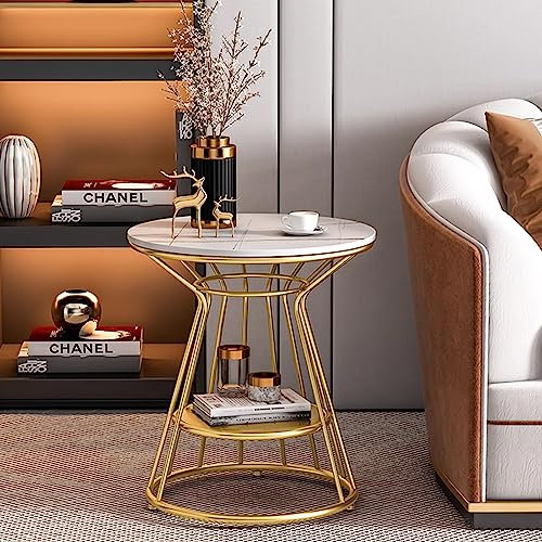 DMCHENGMA Marble Top Side Table, Round Shape Small Coffee Table, 2 Tier Bedsides Table with Metal Golden Legs Plant Stand Storage Shelf, Sofa End Table Narrow Couch Side Tables