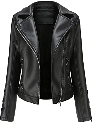 Rumity Damen Jacke Motorrad Lederimitat Stehkragen Mantel Kunstleder Jacke Bikerjacke mit Nieten Reißverschluss für Outdoor Herbst Frühling Damenmantel Damen-MäNtel