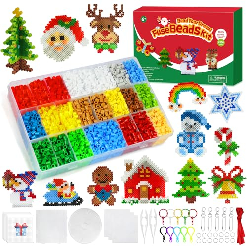 WEVOL 6350 Pièces Noel Perle a Repasser 5mm 20 Couleurs avec Plaque, Boîte de Rangement, Porte-clés et Accessoires Papier à Repasser, Cadeau Noël pour Garçon Filles