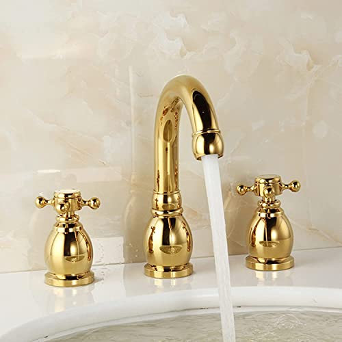JQFDD retrò 2-Handle Rubinetto Bagno Lavabo Caldo e Freddo Multifunzione Ottone Rubinetto per Lavabo Tre Fori Rubinetto di Mescolanza,Oro