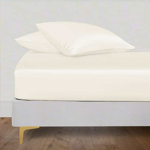 LINENWALAS Spannbettlaken aus 100 % Tencel-Lyocell, mit sicherer, eng anliegender Passform, Rundumgummi, 40 cm tief, weichste kühlende Eukalyptus-Seide Bettwäsche (Elfenbein/gebrochenes Weiß,