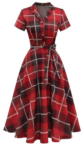 Wedtrend Robe vintage à manches courtes pour femme, robe de cocktail, de fête, de travail, d'église, décontractée, Carreaux rouges et blancs, Taille M