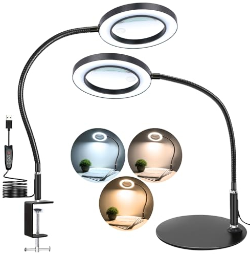 NZQXJXZ 2-in-1 Lupe mit Licht und Ständer, 10X 20X Lupenlampe mit großem Sockel & Klemme, 72 LEDs, 3 Farbmodi und 10 stufenlos dimmbare, Lupenleuchte für Hobby, Lesen, Naharbeit, Schmuck