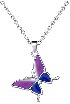 FURREN 1 pcs Farbwechsel Halskette Stimmungskette Mädchen Schmetterling Anhänger Kette Kinder Medaillon Kette Silber Mood Necklace Temperatur Halskette Damen Kette Edelstahl für Frauen Mädchen Kinder