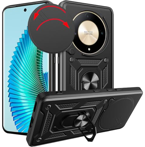 Loyhee Cover per Honor Magic 6 Lite 5G (6.78), Custodia con Scorrevole Fotocamera Proteggi Supporto di Anello Rotante Hard PC Back Cover e TPU Bumper AntiGraffio Antiurto Case - Nero