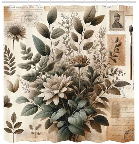 ABAKUHAUS Vintage Rideau de Douche, Botanique Nostalgie Jumble Feuillu avec Fleurs De Pivoine sur Fond, Material Resistente al Agua Durable Estampa Digital, 175 cm x 200 cm, Beige Laurier Taupe