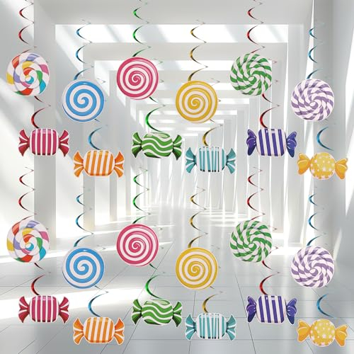PEUTIER 48 Stück Süßigkeiten Partydekorationen, 24 Süßigkeiten Lutscher Ornamente und 24 Süßigkeiten Hängewirbel für Süßigkeiten Motto Geburtstagsfeiern Babyparty Party Dekorationen