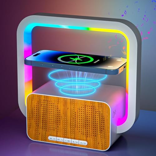 AUYLE Atmosphere Lamp Wireless Charger 15W, Night Light with Bluetooth Speaker, LED Bedside Lamp Multi-Colored Night Light for Teenage Girls Boys Birthday Gift