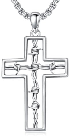 ROMANTICWORK Barbed Wire Cross Necklace 925 Sterling Silver Barb Wire Necklace Cross Thorn Pendant Christian Religious Gothic Cross Jewelry Gifts for Men Women