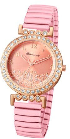 JewelryWe Damenuhr Elastisch Diamant Uhr: Glitzer Zirkonia Sterne Analog Quarz Armbanduhr Damen Rosa Edelstahl Stretch-Armband Lässige Uhr mit Zugarmband & leicht ablesbarem Digitalskala