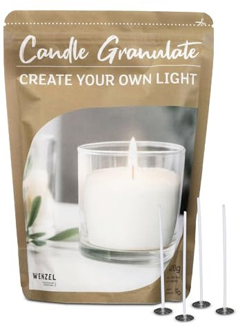 Kerzensand Kerzen Granulat, Ohne Duft 400g - Weißes Paraffinwachs für DIY Candles, Inkl. 4 Dochte & Dochthalter, Hochwertiges Kerzenwachs, Ideal für mehrere Kerzenkreationen, Made in Germany