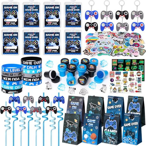 Videospiel Party Mitgebsel Kindergeburtstag Gastgeschenke mit Strohhalme Kinder Silikonarmband Geschenktüten Stempel Video Gamer Controller Schlüsselanhänger VIP Pass Aufkleber Give Aways für Kinder