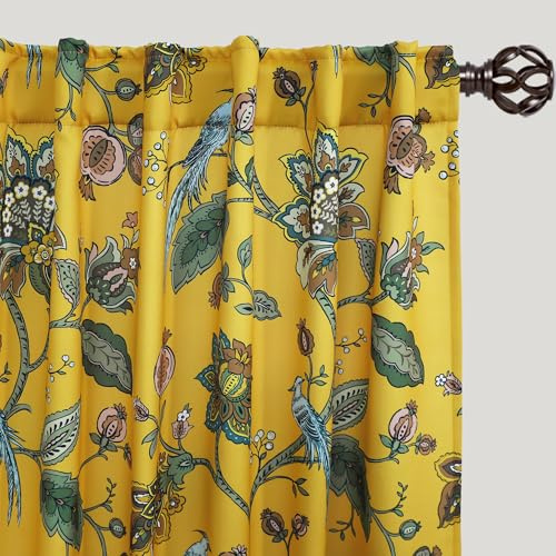 Retro-Vorhänge, 70er-Jahre, lustiger Kolibri-Tierdruck, 70% Verdunkelung, Mehrfarbig, Boho-Vorhänge für Wohnzimmer, Schlafzimmer, 244 cm lang, 2 Paneele, Gelb
