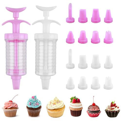 2 Sets Icing Syringe and Nozzles Set Icing Piping Kit Icing Syringe Set with 16pcs Plastic Piping Nozzle Dessert Decorator Cake Decoration Tool for Cupcake Cream DIY Baking Lover Gift